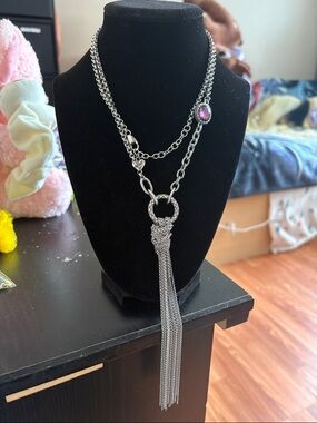 Stainless Steel Necklace With Tassel Pendant And Pink Accent